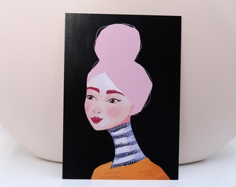 Golden Moments in Black - A6 Card of Original Painting Stationary Postcard Face Girl woman Wall Art Decoration Artwork print Acrylic Modern