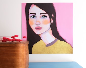 Poster Wish 50x50 cm of Original Painting Portrait Woman - Print Face Wall Art Decoration print Artwork Acrylic Modern pink blue pastel