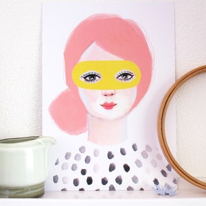 Girl with Mask A4 Print of Original Painting Face Wall Art Decoration Wall Art print Artwork Yellow Pink Modern Dots 340gsm poster image 2