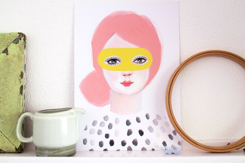 Girl with Mask A4 Print of Original Painting Face Wall Art Decoration Wall Art print Artwork Yellow Pink Modern Dots 340gsm poster image 2