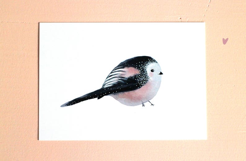 Stationary Cute bird Home deco garden card Birthday Love Anniversary Pink her him Blanco Kawaii Cute Long-tailed Tit Card