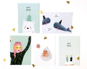 Christmas Cards - set of five 5 - Stationary Holidays 2017 pastel happy new year postcard snailmail pietenkees Sweet Cute Kawaii Whale Robin
