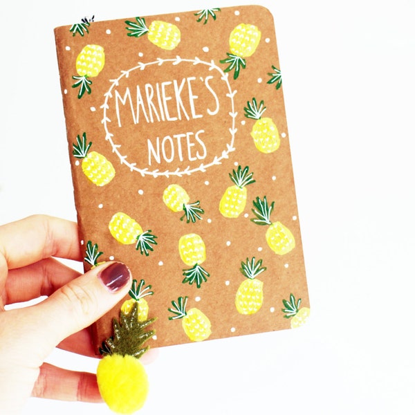 Pineapple Name Notebook - Pompom Bookmark - Original Illustration Travel Journal Handpainted Wanderlust Small A6 Painting Kraft Ruled lined
