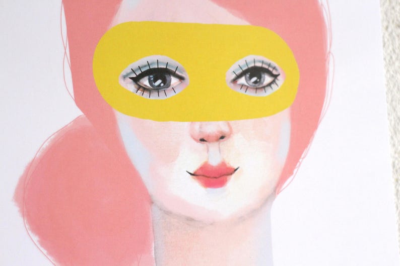 Girl with Mask A4 Print of Original Painting Face Wall Art Decoration Wall Art print Artwork Yellow Pink Modern Dots 340gsm poster image 3