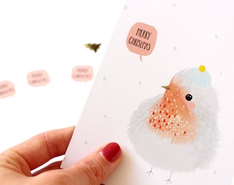 5x Christmas cards Robin with hat - set of five 5 - Stationary Holidays 2020 pastel happy new year postcard Cute Kawaii bird Holiday card