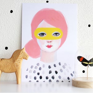 Girl with Mask A4 Print of Original Painting Face Wall Art Decoration Wall Art print Artwork Yellow Pink Modern Dots 340gsm poster image 5