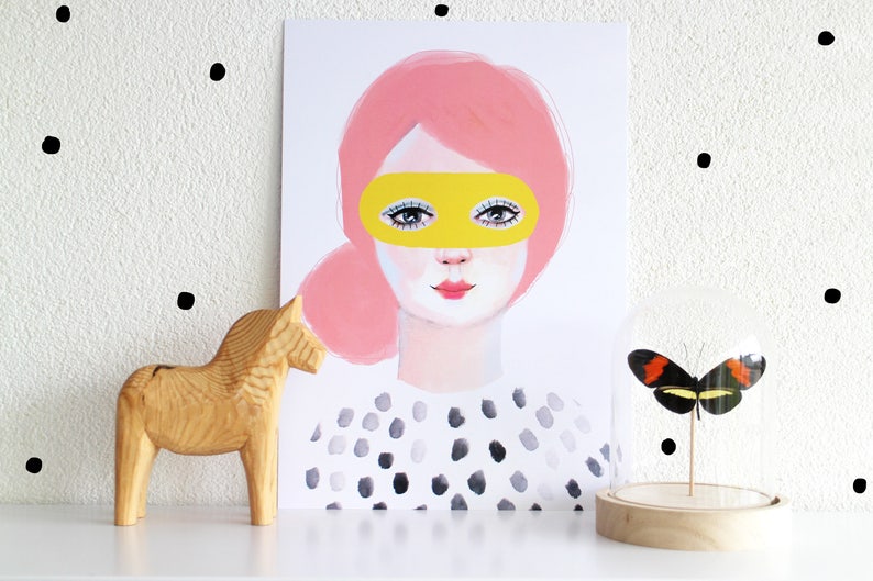 Girl with Mask A4 Print of Original Painting Face Wall Art Decoration Wall Art print Artwork Yellow Pink Modern Dots 340gsm poster image 5