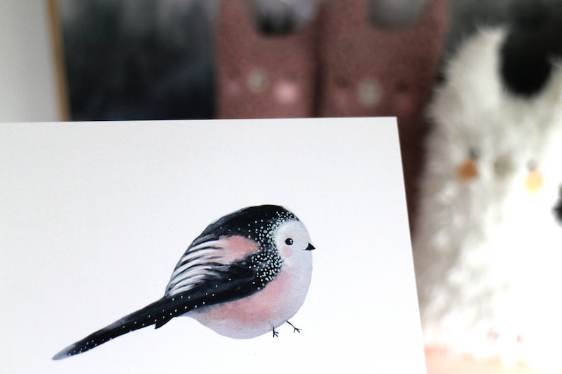 Stationary Cute bird Home deco garden card Birthday Love Anniversary Pink her him Blanco Kawaii Cute Long-tailed Tit Card