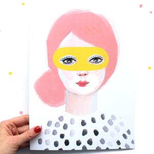 Girl with Mask A4 Print of Original Painting Face Wall Art Decoration Wall Art print Artwork Yellow Pink Modern Dots 340gsm poster image 1