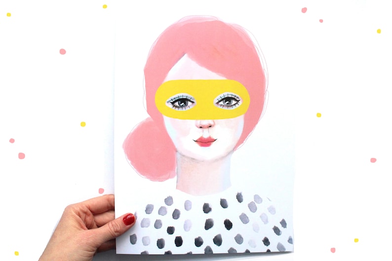 Girl with Mask A4 Print of Original Painting Face Wall Art Decoration Wall Art print Artwork Yellow Pink Modern Dots 340gsm poster image 1