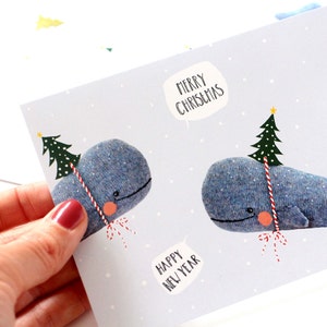 5x Cards whales with Christmas tree hats - set of five 5 - Stationary Holiday 2020 pastel happy new year postcard Sweet Cute Kawaii Card