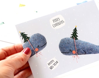 5x Kerstkaarten walvissen Kerstboom muts - set van vijf kaarten kerstkaart pastel mint groen roze blauw 2021 nieuwjaar snailmail lief