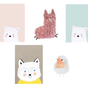 Cute animal club - set 5 cards A6 - Illustration Stationary Alpaca Llama polar bear robin wolf Snailmail hip kawaii happy - Pietenkees