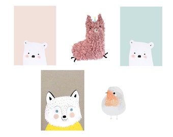 Cute animal club - set 5 cards A6 - Illustration Stationary Alpaca Llama polar bear robin wolf Snailmail hip kawaii happy - Pietenkees