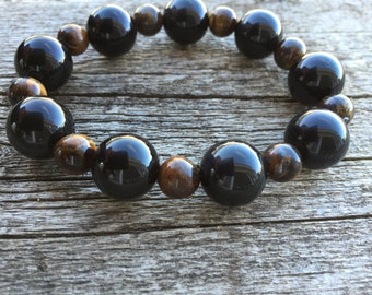 Obsidian and Tiger's Eye Healing Gemstone Bracelet Men's or Women's Protection Resilience Luck.