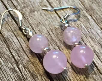 Rose Quartz and Tibetan Silver Bead Earrings  Inner Peace  Love      Compassion  Emotional Wellbeing Mother's Day Gift