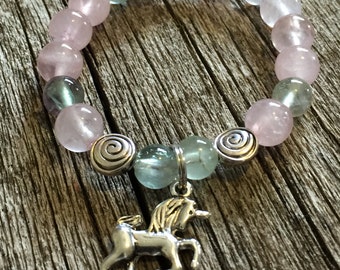 Girl's Rose Quartz + Fluorite Gemstone Bracelet with Unicorn Charm