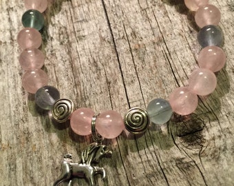 Lady's Rose Quartz + Fluorite Bracelet Unicorn Charm Inner Peace   Self Love  Powerful Healer