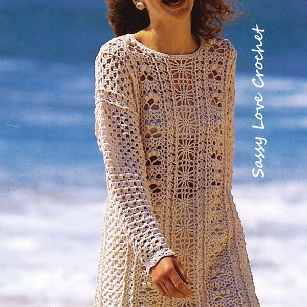 Crochet U.K. Tunic Pattern,  Long Sleeve Pattern Womens Crochet Beach Coverup Pattern - PDF Download-U.K.Version