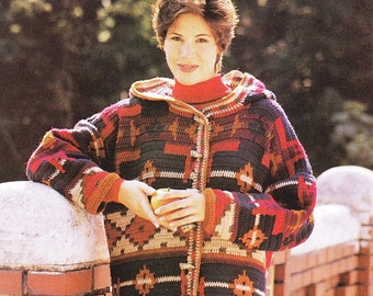 Crochet Aztec Ethnic Hooded COAT Jacket Sweater Pattern,  - Digital Download