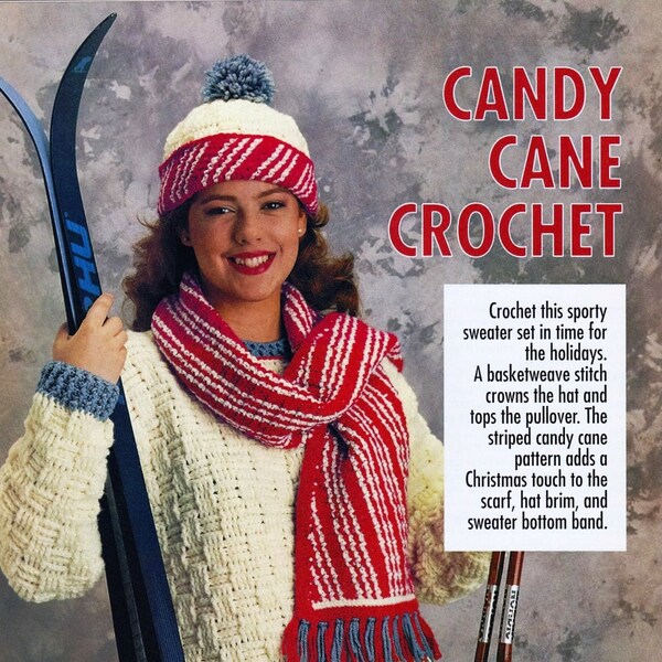 Crochet Chirstmas Holiday Candy Cane Sweater,Scarf,Hat PATTERN - Christmas Holiday Sweater & Scarf and Hat Pattern,   PDF Download