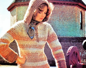 Crochet Hooded Sweater Pullover Long-Sleeved PATTERN,    Digital Download