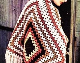 Crochet Boho Hippie Granny Square Poncho PATTERN, Vintage Retro Bohemian Fringe Pattern - PDF Download