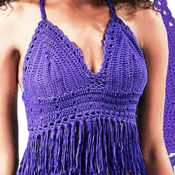 Crochet  Halter Top Pattern, Fringed Bikini Top, Boho Beach Summer Crochet Top Purple Boho Pattern, PDF Download