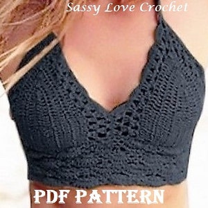 May include: A crochet halter top pattern in a dark gray color. The pattern is for a PDF download. The text "PDF PATTERN" is printed on the image.