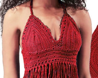 Crochet Burgundy Halter Top Pattern, Bikini top Pattern, Fringed Crop Top, Boho Chic  - PDF Download