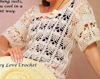 Crochet Pineapple Tunic Top & Beach Tote Pattern, Pineapple Stitches Blouse Top Pattern, Threadwork Lace Tote -Digital Download