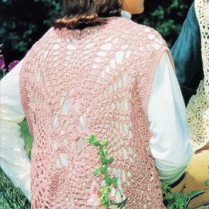 May include: A crochet vest pattern from House of White Birches Crochet Weekend magazine. The vest is pink and features a delicate openwork design. The magazine cover also features the text "Crochet Weekend" and "Designs by Sue Childress & Frances Hughes".