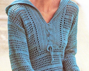 Crochet Hoodie Pullover Tunic  PATTERN, Crochet Top Pattern, Beach Cover-up, Womens Hoodie Top Filet Crochet Mesh Pullover, Digital Download