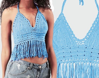 Crochet Baby Blue Halter Top Pattern, Fringed Bikini Top, Boho Summer Ladies Women Beach Top Pattern - PDF Download-U.S.Version