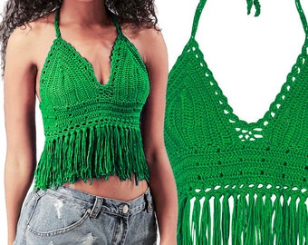 Crochet Bright Green Fringe Halter Top Pattern, Fringed Crop Top Pattern,  - PDF Download