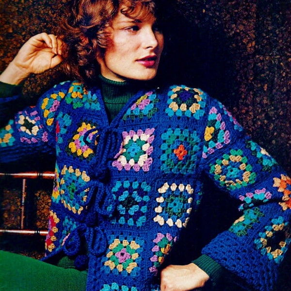 Crochet Granny Squares Jacket Wrap Coat 1970s Retro - PDF Instant Download - Digital Pattern