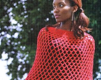 Crochet Red Mesh Poncho, Crochet Shawl Wrap Pattern, Ohio State Buckeyes, Red Poncho Pattern-Outerwear-  Digital Download