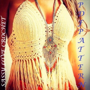 Crochet Halter Top PATTERN Designer Boho Festival Gipsy Crochet Top Pattern - Crochet Beach Summer Fringe Pattern - Digital Download