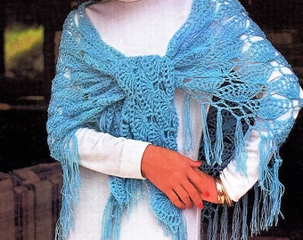 Crochet Wrap Pattern Blue Fan Motif Shawl - Gossamer Triangle Shawl Lace Pattern Shawl  Scarf  Wrap-  PDF Download