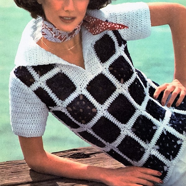 Crochet Summer Sweater Navy and White Polo Shirt  Granny Squares PATTERN, Digital Download