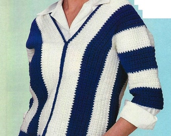 Crochet Sporty Pullover Sweater Pattern, Womens Sweater Striped Pattern, Crochet Top Pattern - Instant Download