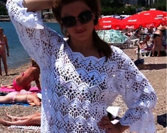 Crochet Tunic Top Designer Open-weave White Beach Cover-up PATTERN - Digital Download - Sizes 10-12 (14-16)-U.S.Version