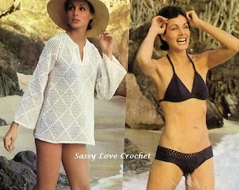 Crochet Black Bikini Pattern Coverup Tunic PATTERN, Ladies Womens Summer Tunics, Beach Cover-up Pattern- Two For The Sea-shore -PDF Download