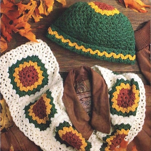 May include: A crocheted hat and scarf set in green, white, yellow, and brown. The hat is a slouchy beanie style with a yellow trim. The scarf is made of granny squares with a sunflower design.