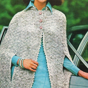 Vintage Crochet Cape Pattern, Gray Tweed Cape with slits buttoned down Crochet Pattern- Digital Download