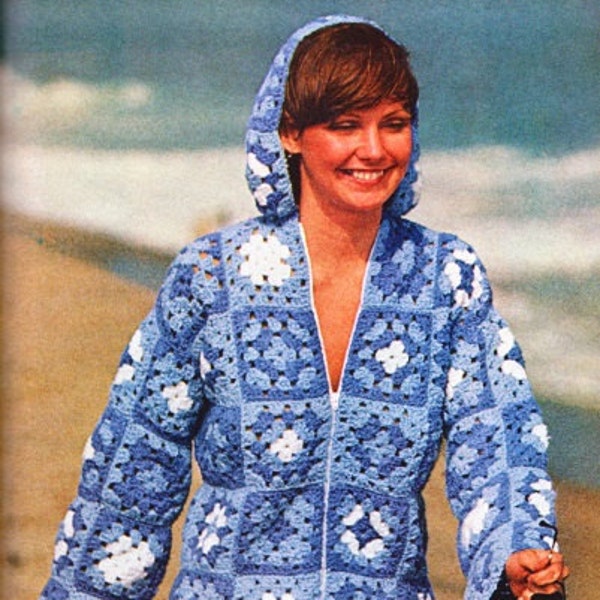 Vintage Crochet Hoodie Jacket Pattern, Crochet Granny Square Jacket Pattern, Crochet Jacket,crochet hooded tunic pattern - PDF Download