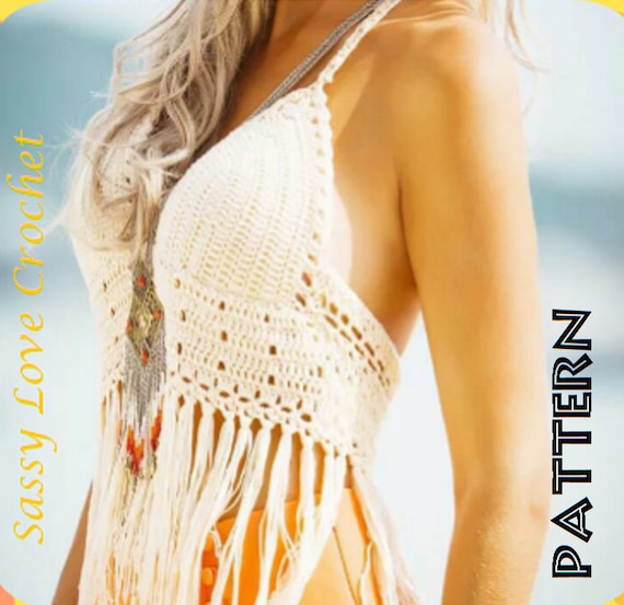 Crochet Gypsy Boho Chic Halter Pattern Hippie Halter Fringed Crop Top Bohemian Beach Festival PATTERN Digital Download Etsy