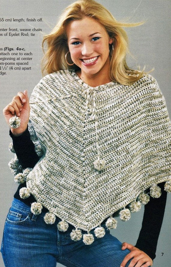 Crochet Quick Easy Poncho Pom Pom Pattern, Outerwear, Digital