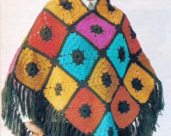 Crochet Granny Square Poncho Pattern -Shawl  Granny Square Cloak Fringe Poncho Pattern - PDF Download U.S.Version