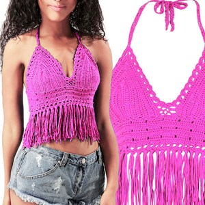 Crochet Hot Pink Halter Top Pattern, Fringed Bikini Top, Boho Chic - PDF Download-U.S.Version